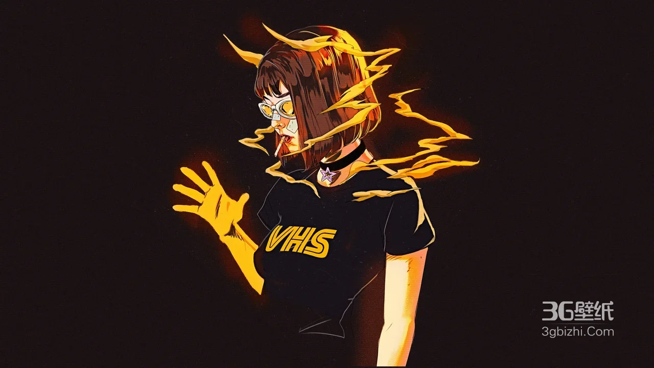 闪电环绕的VHS少女·暗黑赛博朋克风原创插画 宽屏电脑壁纸1