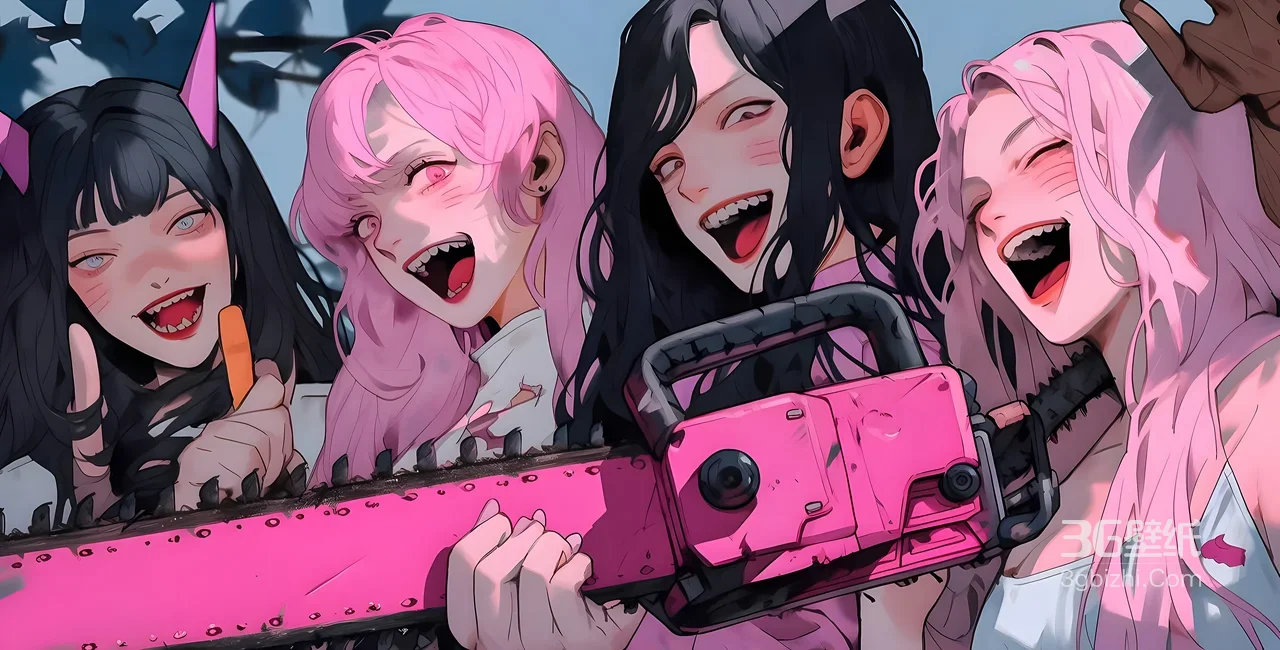 暗黑甜酷二次元女孩·粉色电锯 高人气电脑壁纸1