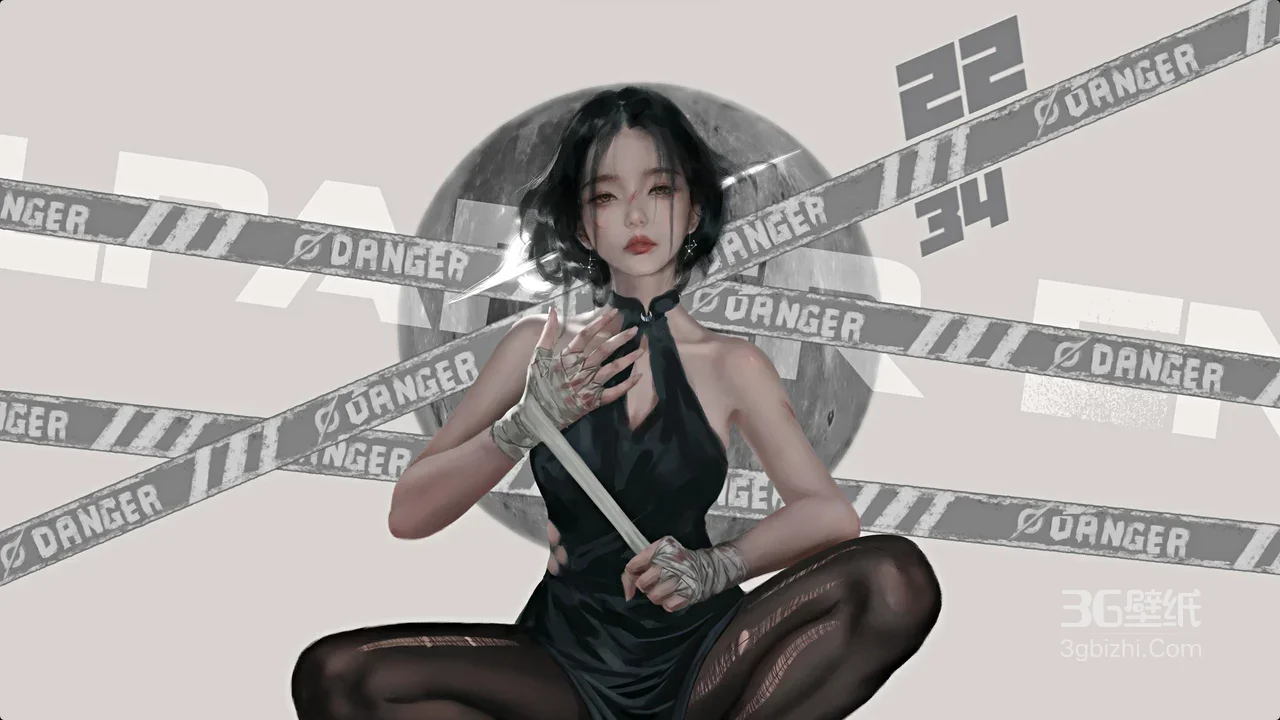 暗黑写实风·绷带黑裙女子 危险胶带背景 宽屏电脑壁纸1