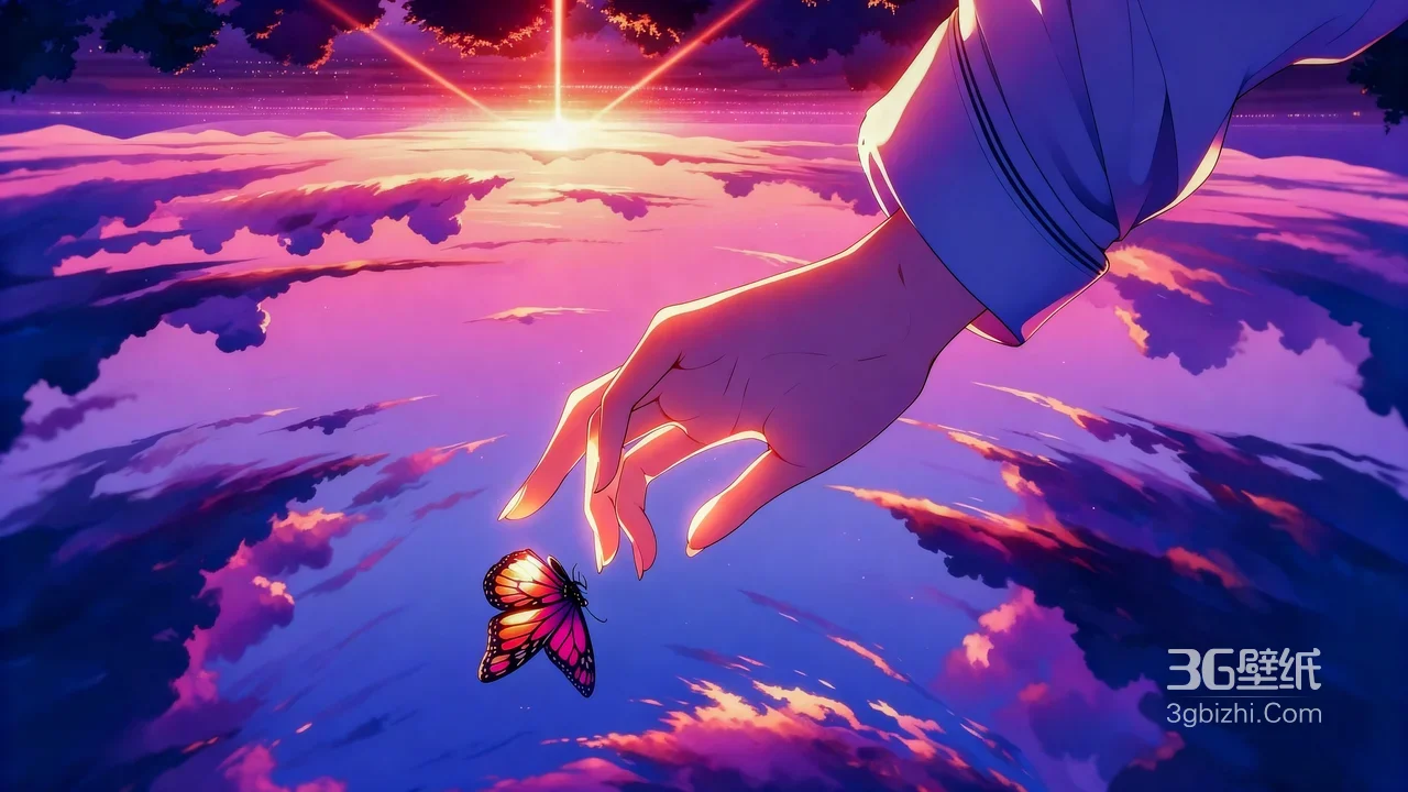 手触蝴蝶·二次元唯美云海日出 动漫超宽屏壁纸1