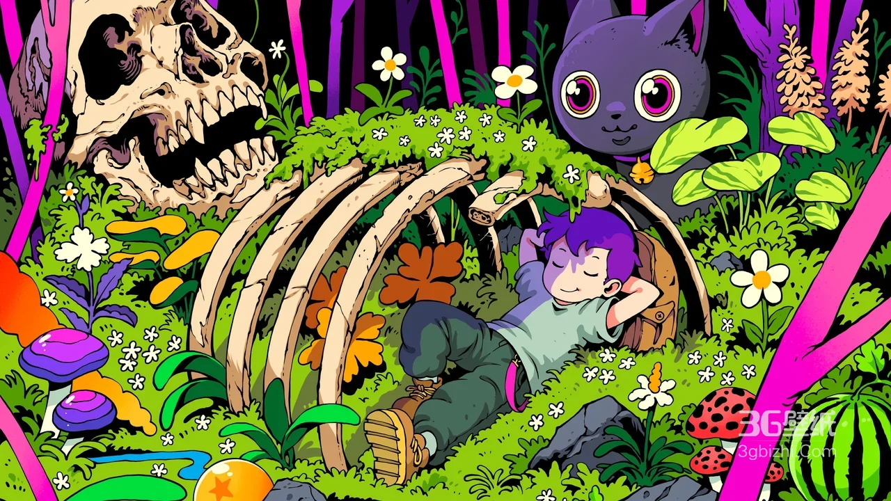 男孩·骷髅肋骨下休憩 二次元奇幻森林猫咪 宽屏电脑壁纸1