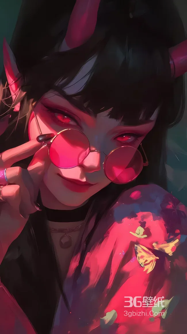 暗黑风恶魔系少女·红瞳角饰圆眼镜 个性手机壁纸1