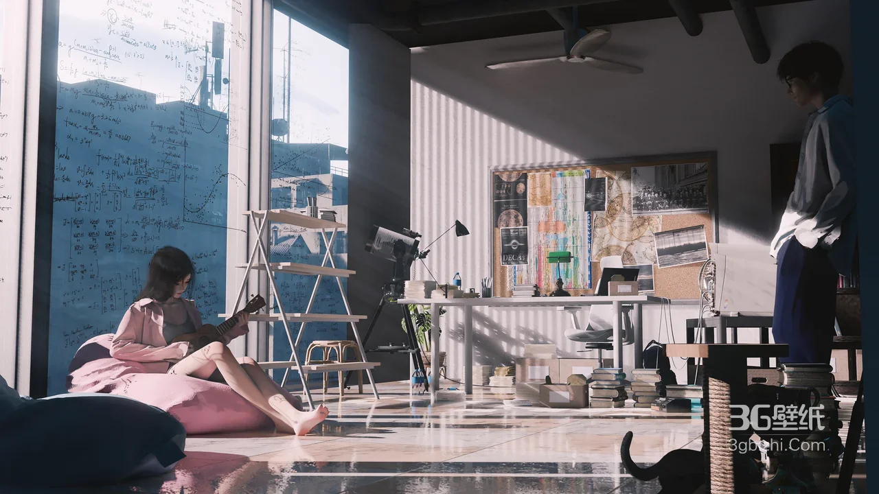 工作室生活·写实唯美插画 尤克里里女孩&眼镜男孩（猫咪相伴）1