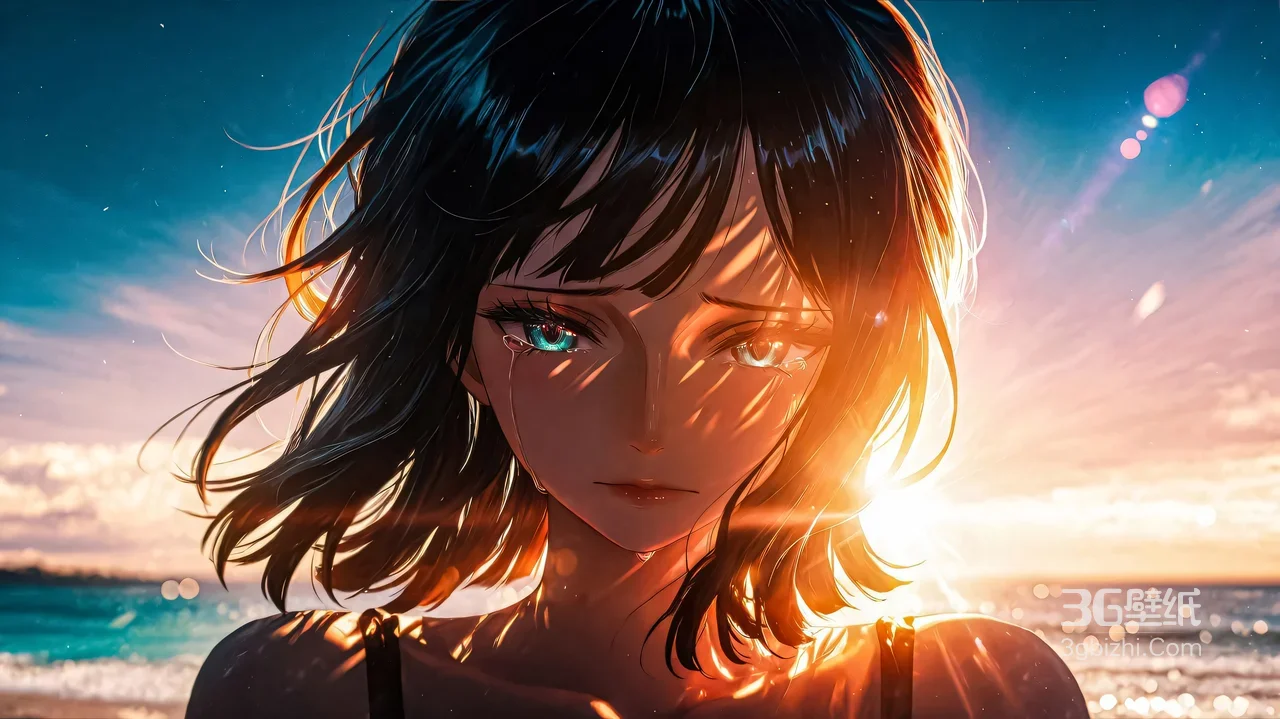 哭泣少女·海边日落光影 唯美二次元插画宽屏壁纸1