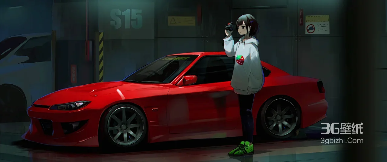 二次元女孩·相机 红S15跑车·车库 二次元插画宽屏车机壁纸1
