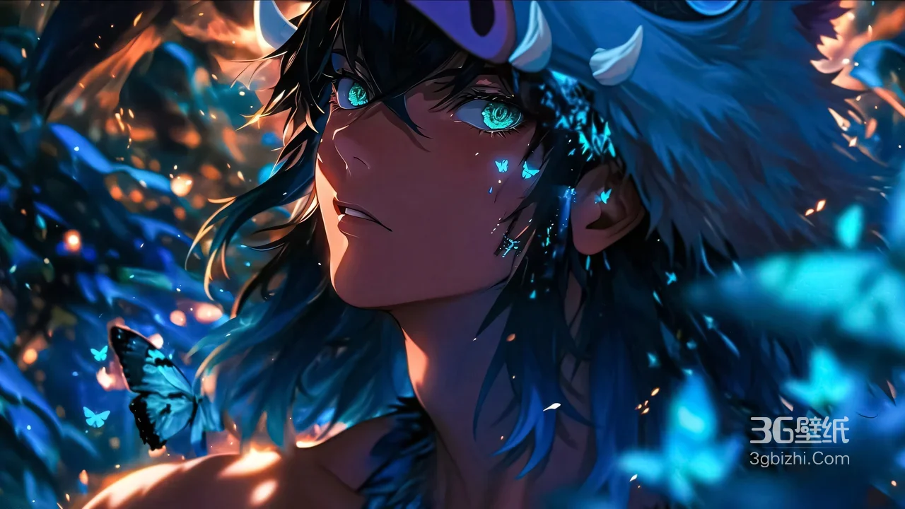 二次元奇幻帅哥·兽角荧光蝶 电脑壁纸精选1