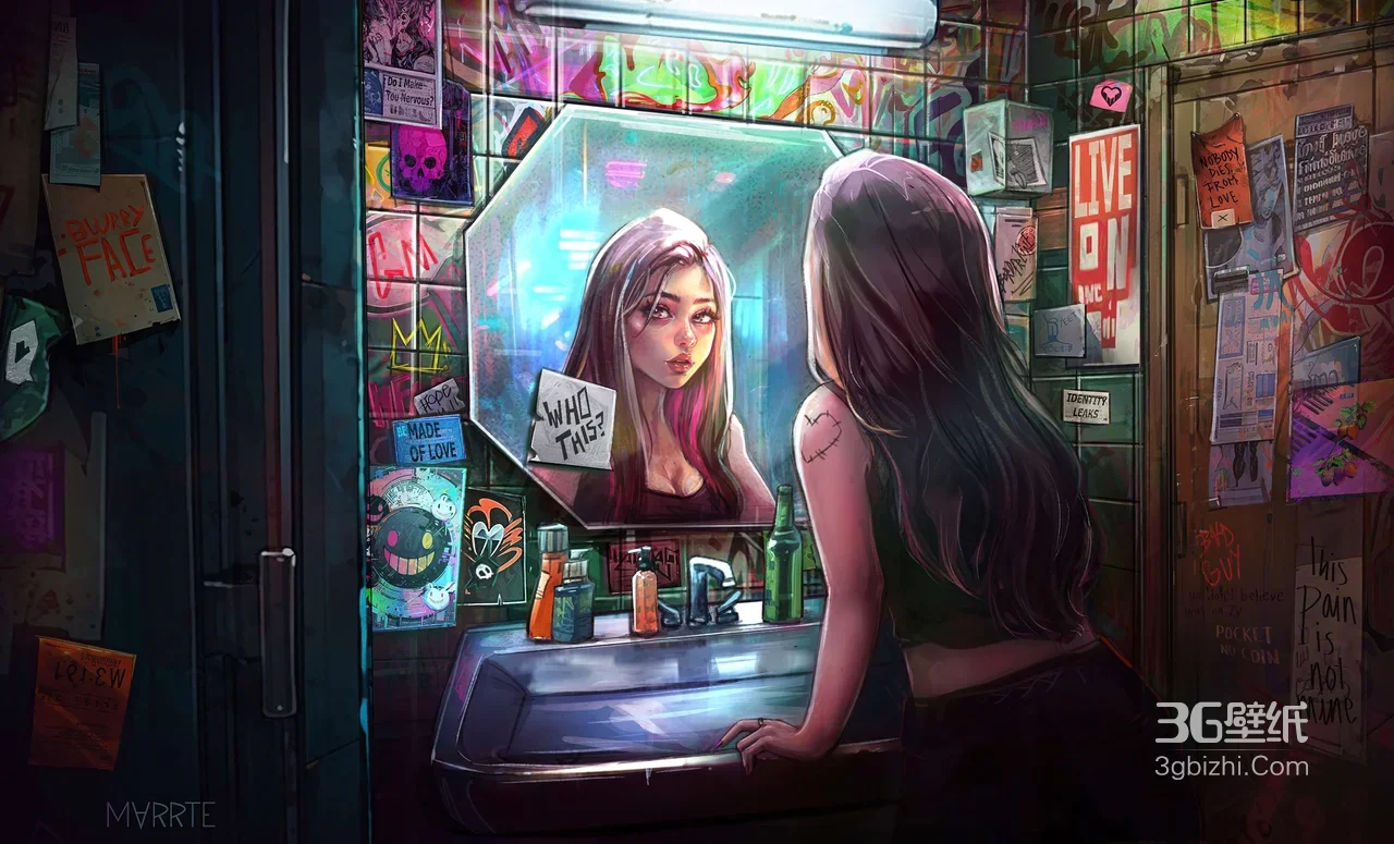 赛博朋克涂鸦浴室 镜中女孩自我探寻 电脑壁纸1