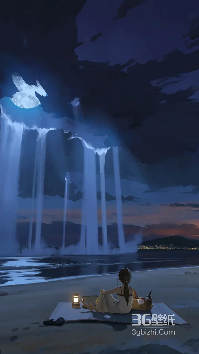 海滩月夜瀑布野餐·唯美插画风手机壁纸（月夜海滩壁纸）1