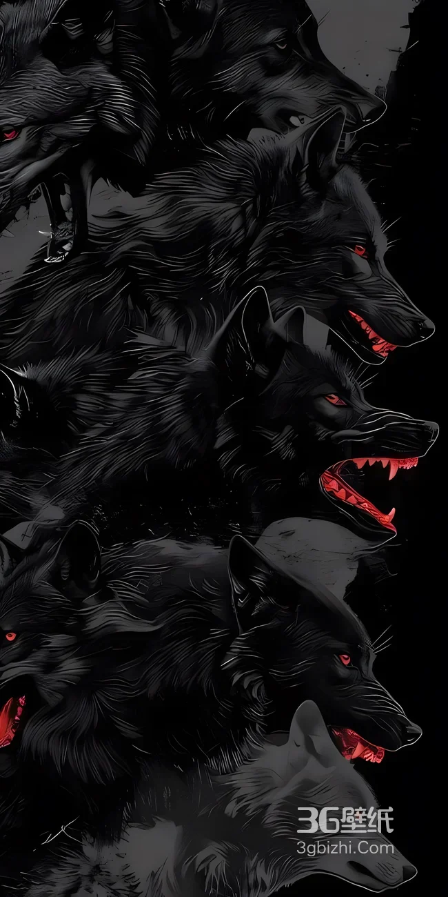 暗黑风多黑狼红瞳咆哮插画 超酷手机壁纸推荐1