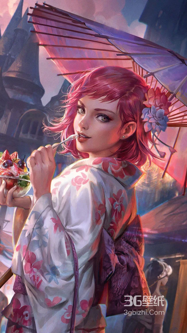 粉发少女·和服花饰纸伞 唯美奇幻插画 热门竖屏壁纸1