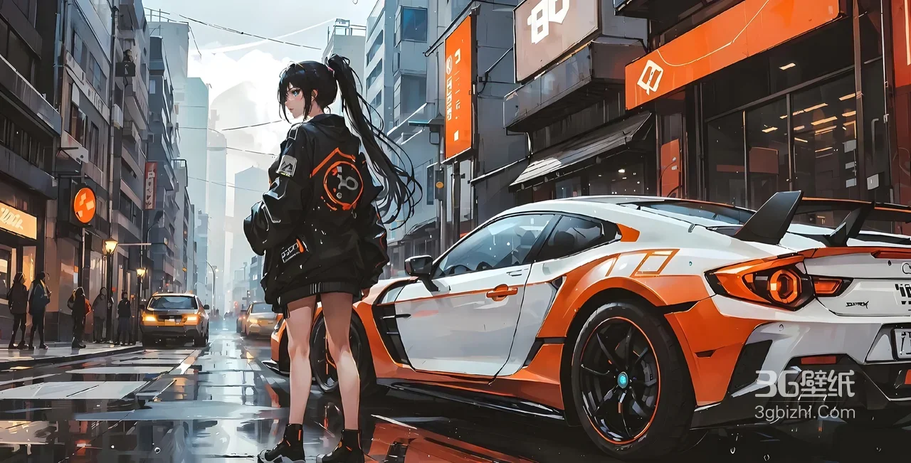 赛博二次元少女 橙白超跑 都市雨天宽屏电脑壁纸 ###1