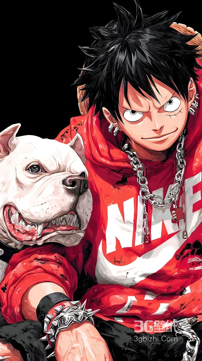 蒙奇·D·路飞·潮流街头风 海贼王 宠物斗牛犬 炫酷手机壁纸1