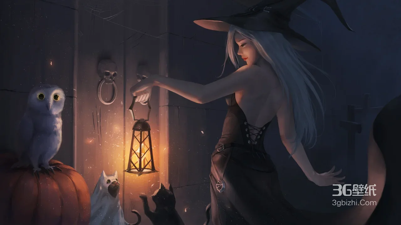 白发女巫持灯夜行 暗黑奇幻万圣节南瓜猫头鹰宠物电脑壁纸1