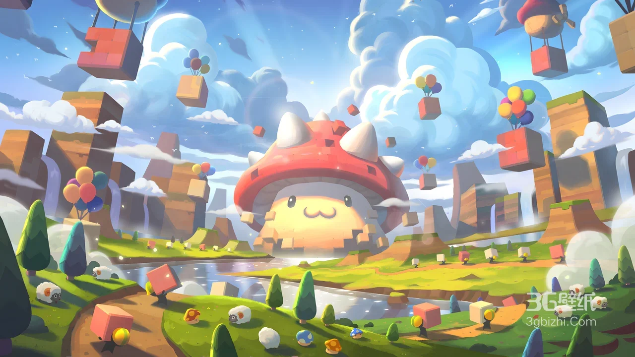 巨型蘑菇精灵·像素奇幻游戏场景 治愈系宽屏电脑壁纸1