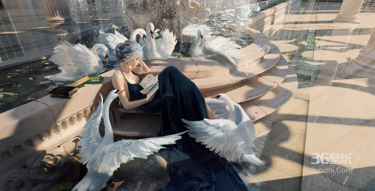 银发女子·深蓝长裙天鹅喷泉 唯美写实游戏CG宽屏车机壁纸1