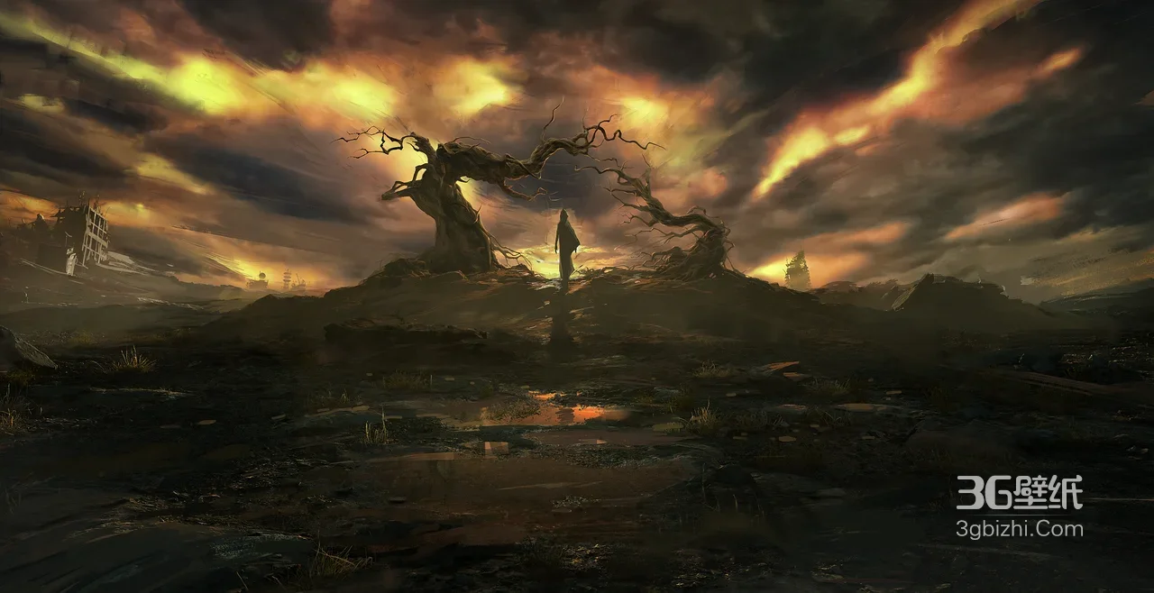 火爆国漫《灵笼2》概念图插画·暗黑末世风废墟枯树独行者概念艺术宽屏车机壁纸1