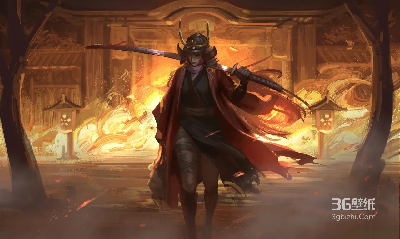 日式古风女武士·红袍长刀（游戏风宽屏车机壁纸）1