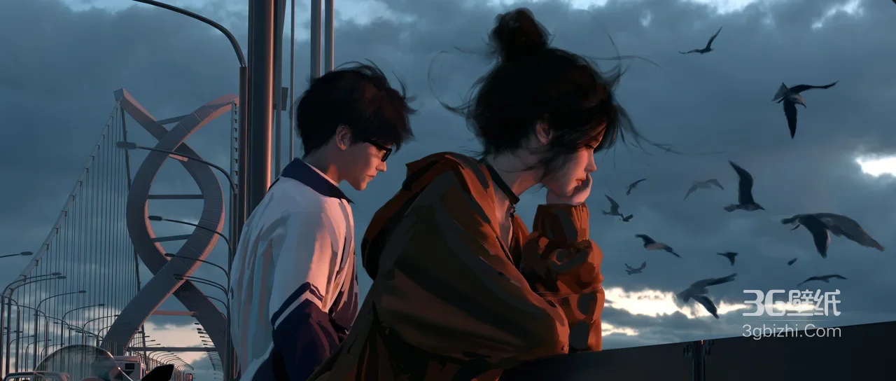 国漫风螺旋桥飞鸟旁沉思少女与眼镜少年 唯美黄昏壁纸1