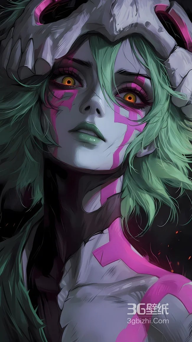 绿发粉纹角色·暗黑动漫风 骷髅头饰个性手机壁纸高人气款1