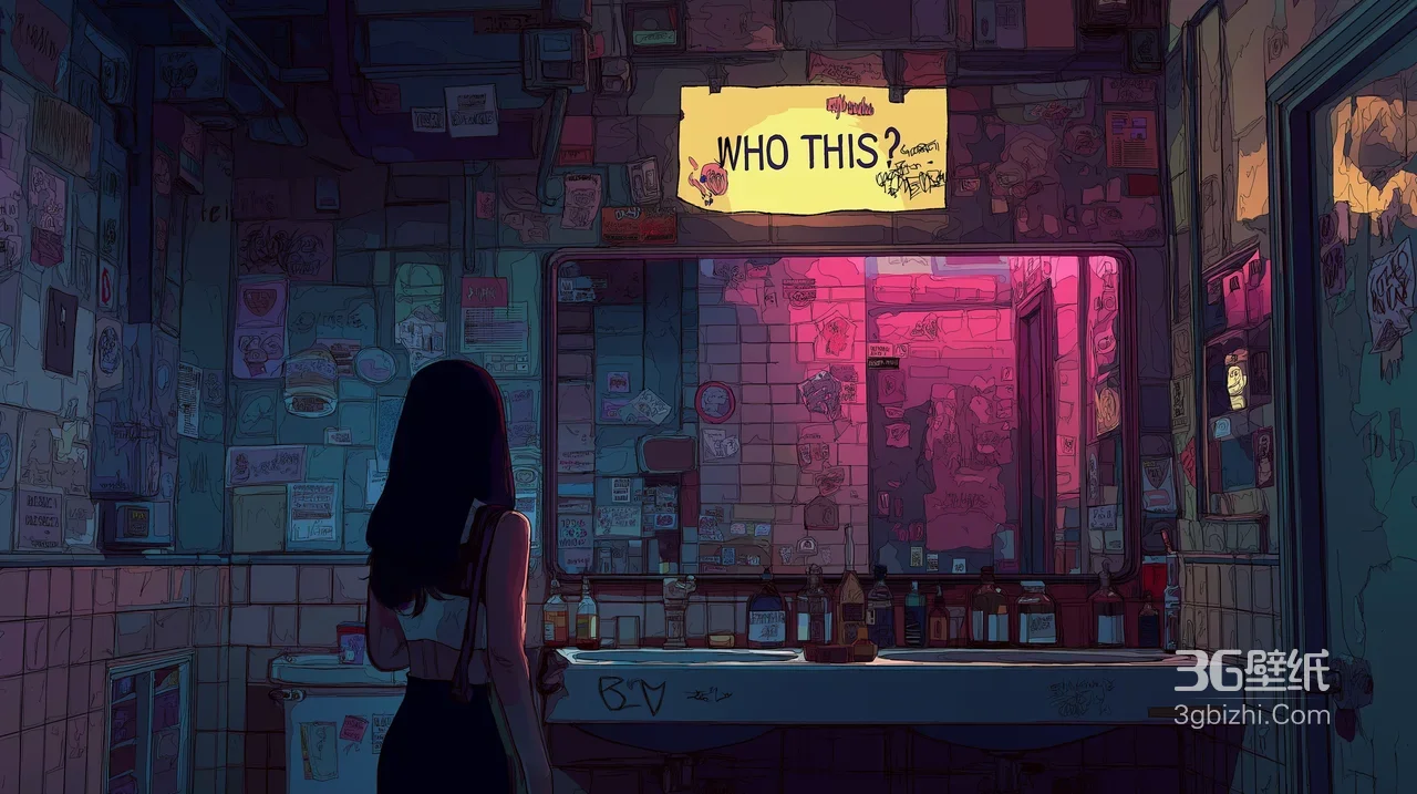 女孩背影·复古霓虹洗手间 赛博朋克国漫风宽屏电脑壁纸1