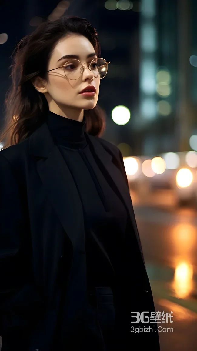 戴眼镜黑衣女性·都市夜景暗黑风 氛围感手机壁纸1