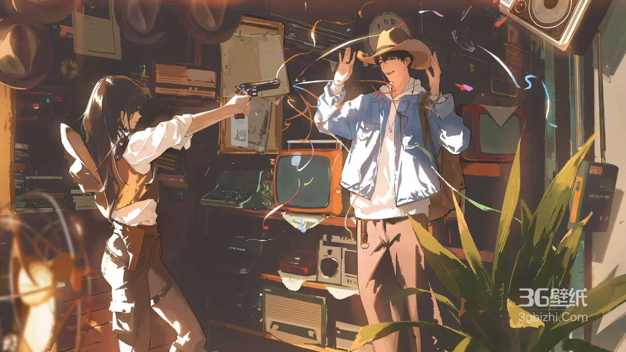 牛仔帽少年&持枪少女·复古国漫风 怀旧杂物间互动电脑壁纸优选1