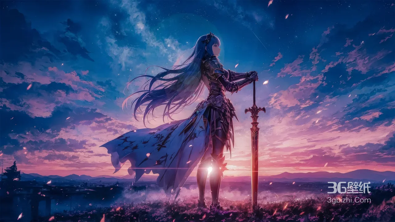 蓝发铠甲女战士·剑立黄昏 唯美二次元游戏风壁纸 高人气电脑壁纸1