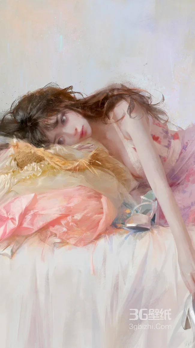 慵懒手绘少女·油画风躺卧抱枕 清新手机壁纸1