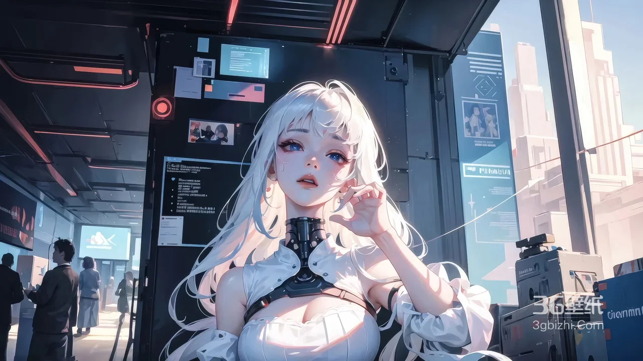 白发机械少女·赛博朋克科幻风 原创插画电脑壁纸1