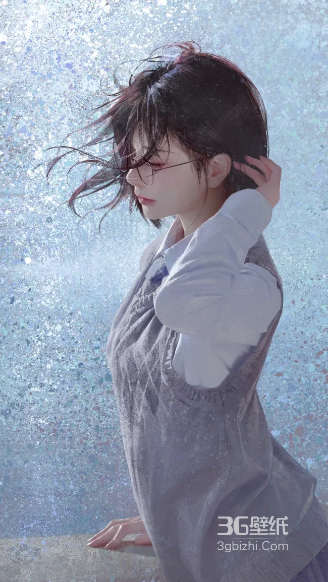 短发眼镜少女·唯美写实插画 青春氛围感手机壁纸热款1