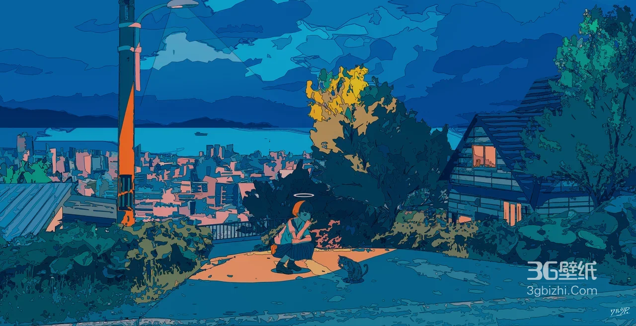 戴光环女孩与猫·日系插画风城市夜景宽屏电脑壁纸1