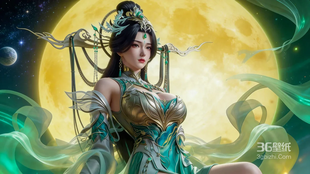 国风仙侠美女·柳神·华丽战甲 满月星河游戏电脑壁纸1