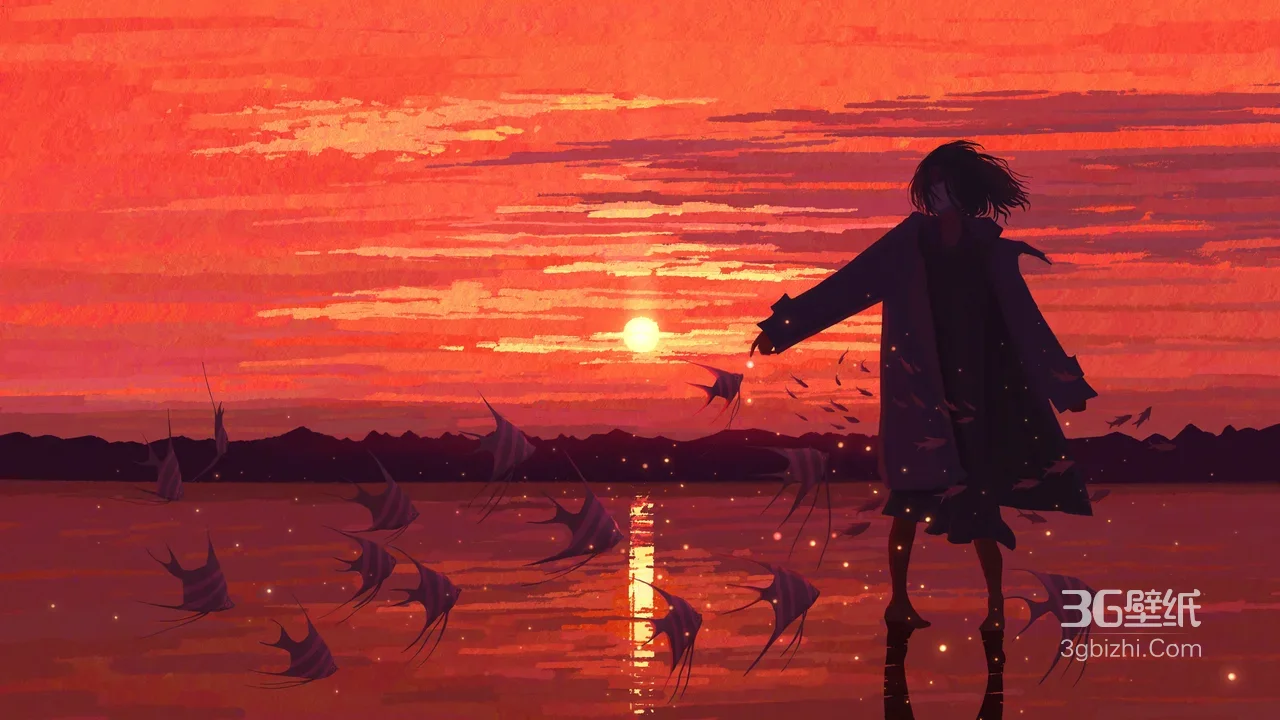 湖畔人物与飞鱼·唯美日落插画电脑壁纸1