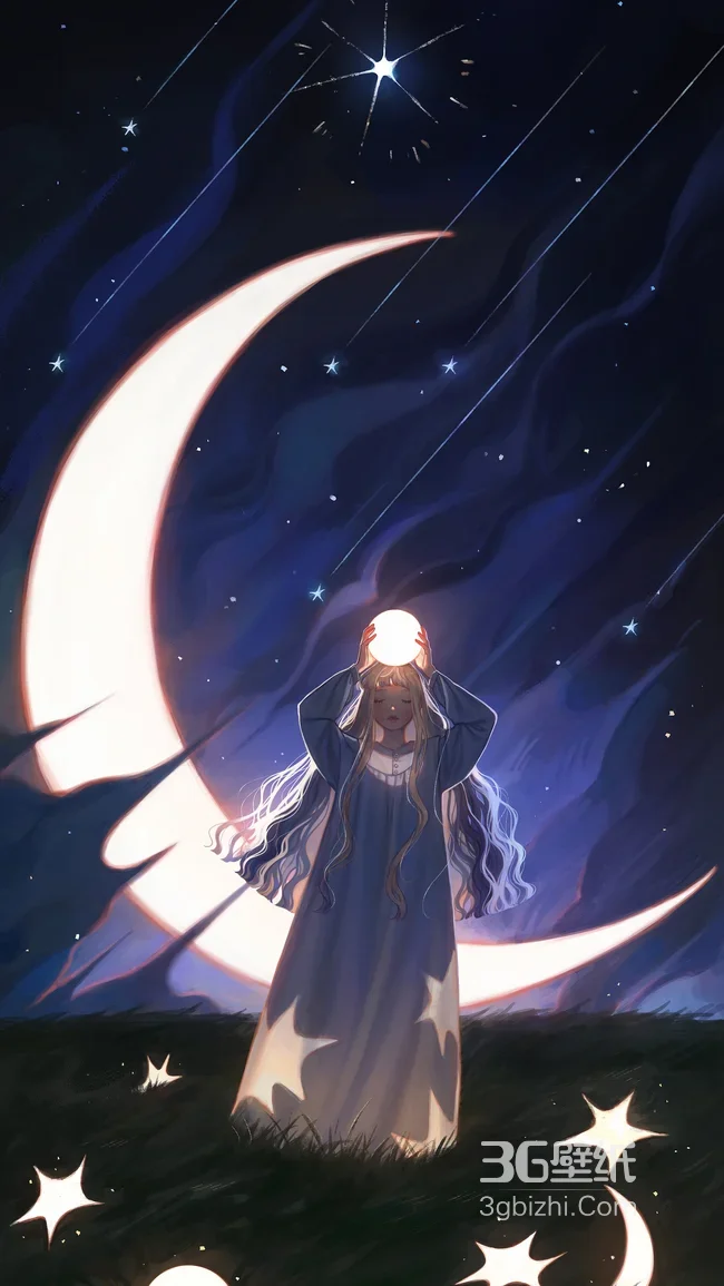 捧光球女孩·月夜星空 唯美梦幻治愈系夜间壁纸1