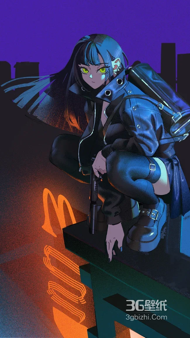 赛博朋克酷飒少女·持枪蹲踞 暗黑霓虹动漫壁纸（赛博朋克手机壁纸）1