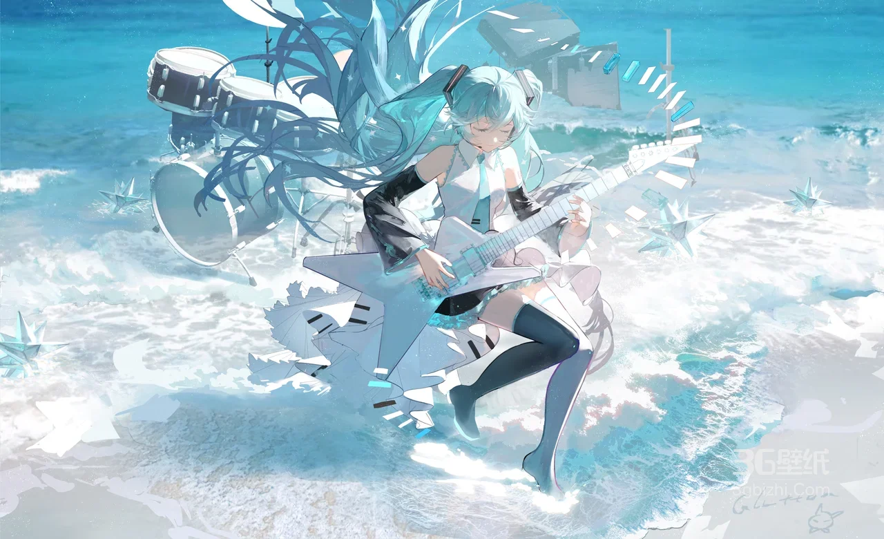 初音未来·电吉他演奏 唯美二次元海边场景 宽屏电脑壁纸1