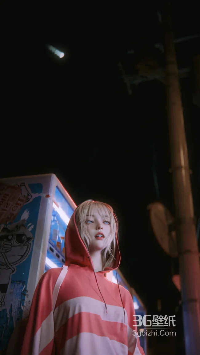 金发连帽衫女孩·夜景霓虹风 日系街头壁纸1