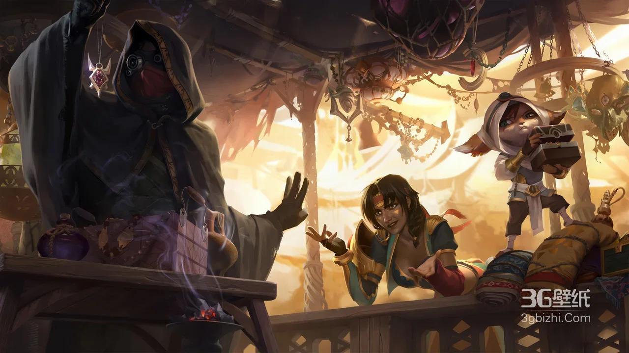 英雄联盟·沙漠市集奇幻风 商贩与萌系角色互动 游戏壁纸1