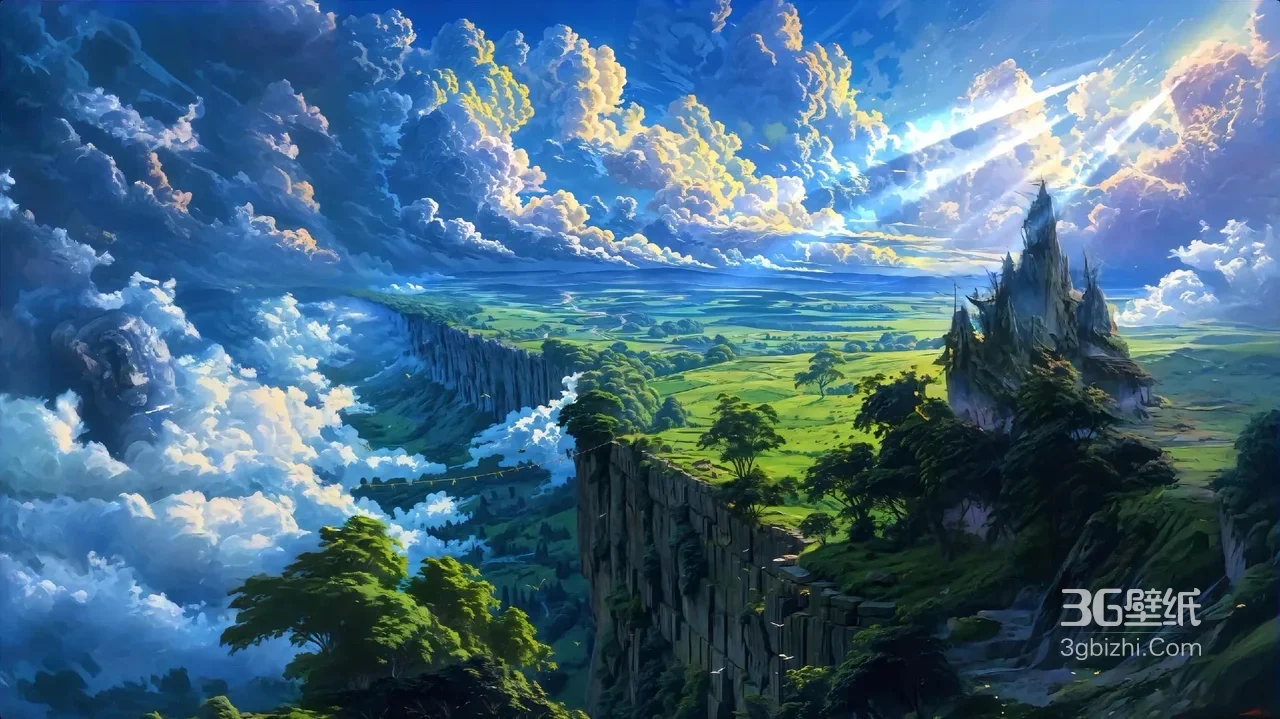悬崖城堡·绿野云海 唯美动漫风奇幻电脑壁纸1