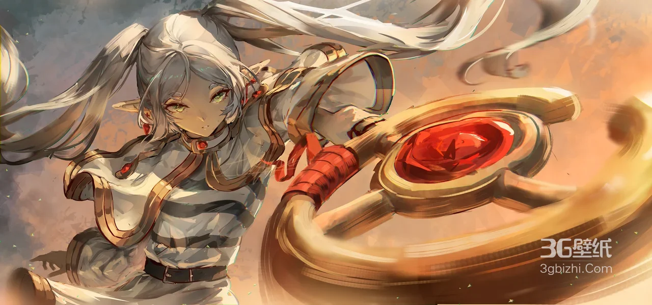 银发双马尾精灵耳角色·奇幻动漫风持红晶武器宽屏电脑壁纸1