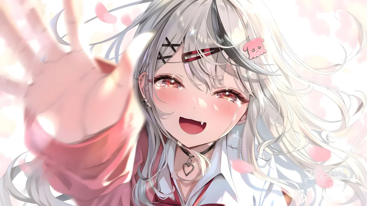 银发虎牙少女·唯美二次元 樱花氛围电脑壁纸1