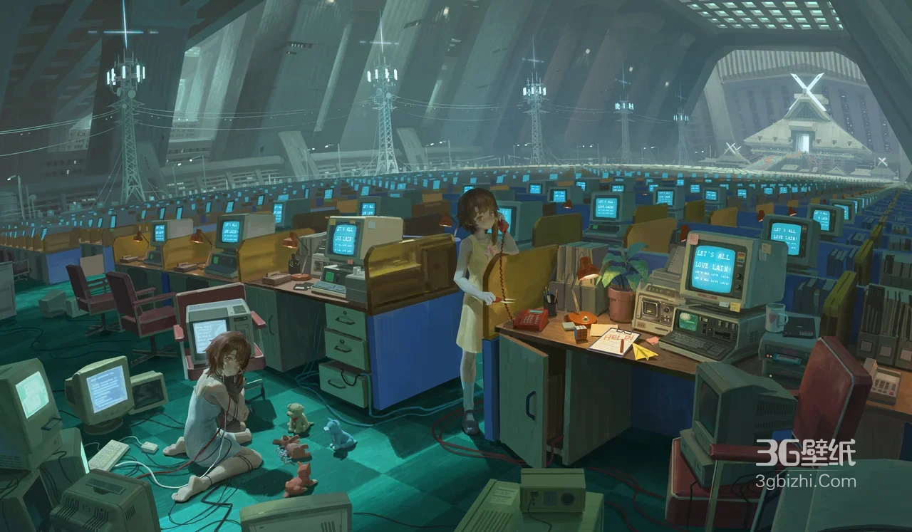 赛博朋克风复古办公·少女与电脑 赛博朋克办公室电脑壁纸1