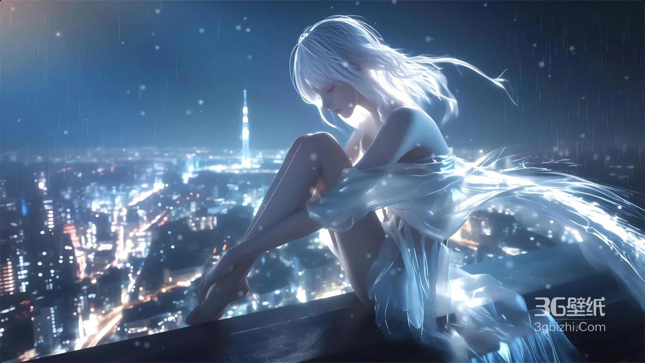 银发少女·流光裙 雨夜城市天台唯美CG宽屏壁纸1