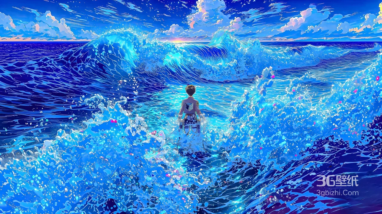 海中少年·浪花簇拥 二次元唯美海洋插画 超宽屏车机壁纸1
