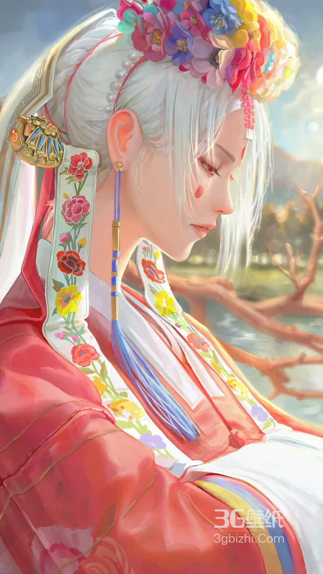 白发花饰红装古风女子·国风唯美古风插画 古风手机壁纸1