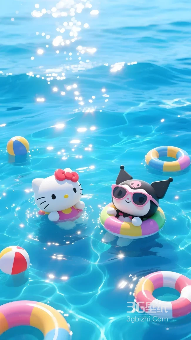 Hello Kitty&库洛米·泳池戏水 三丽鸥清新夏日壁纸1