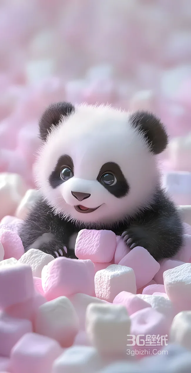 萌系熊猫宝宝·粉白棉花糖 治愈可爱手机壁纸1