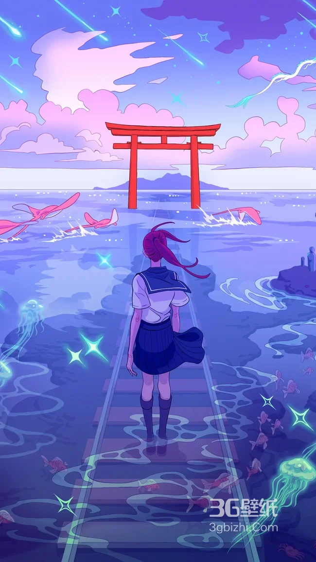 水手服少女·日式鸟居奇幻海洋 二次元唯美手机壁纸1