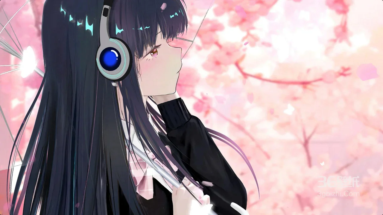 二次元耳机少女·樱花季唯美插画 电脑宽屏壁纸1