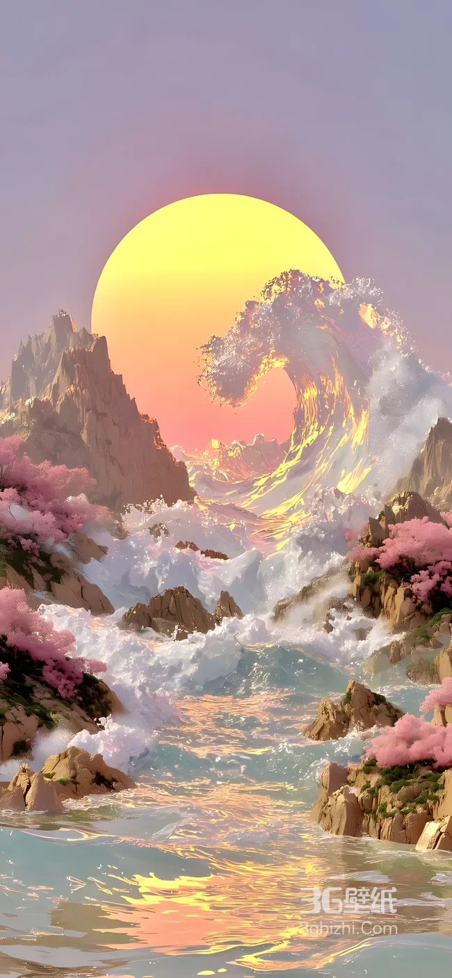 巨浪山峦粉樱·梦幻唯美超现实风景手机壁纸1